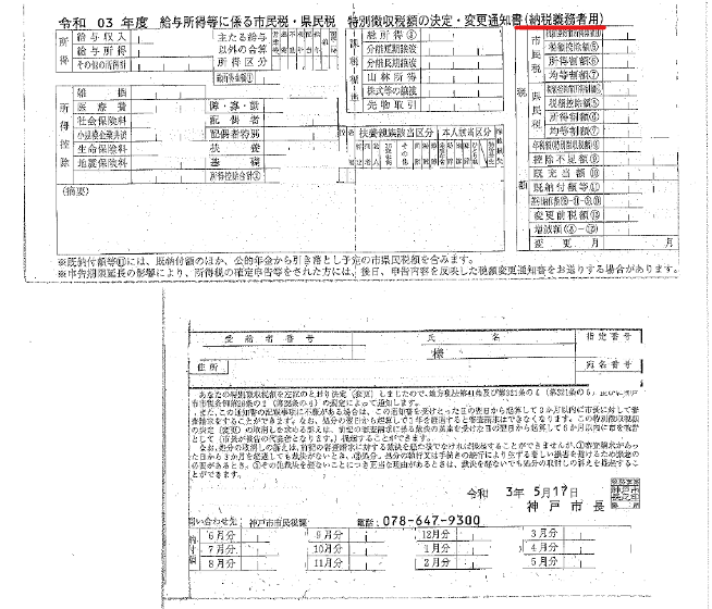 従業員への特別徴収通知書